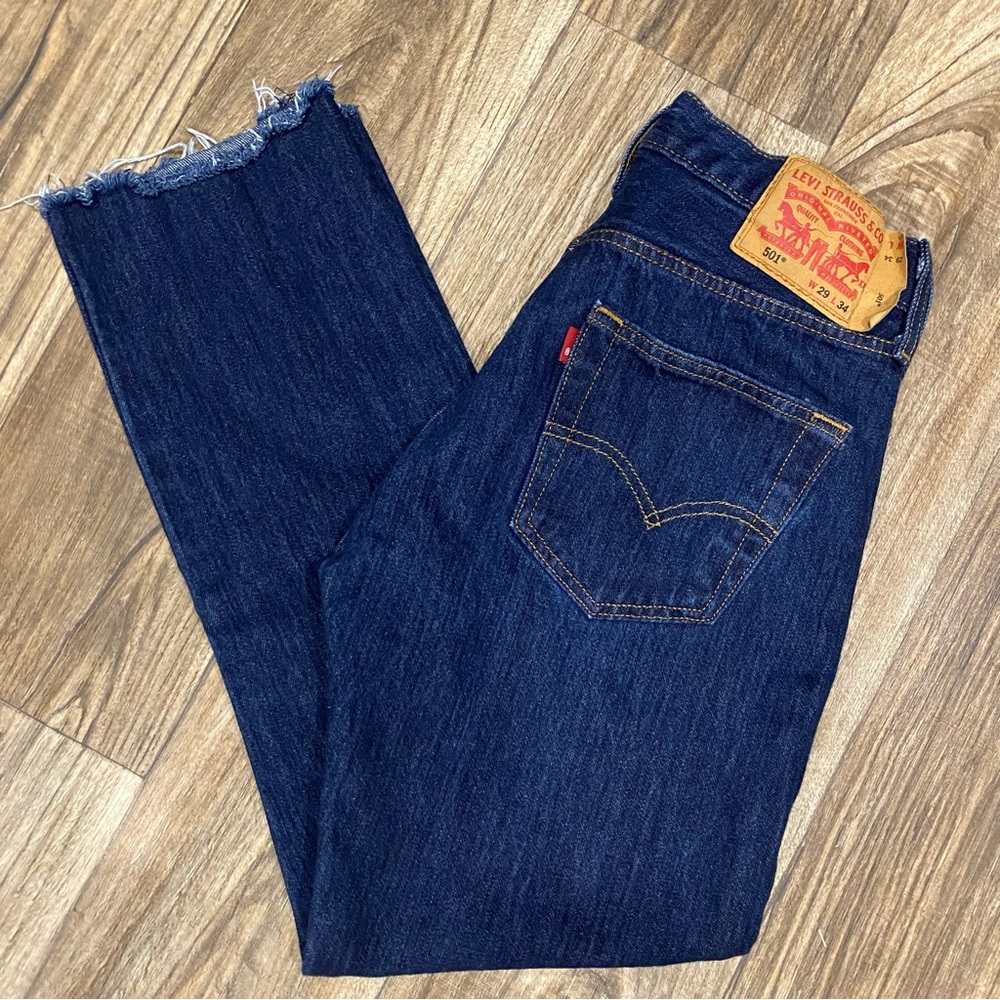 Levi’s 501 Classic High Rise Button Fly, cropped and frayed, size 29